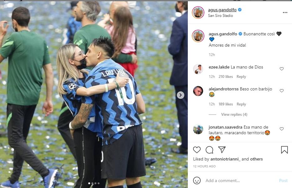 Lautaro Martinez cium mesra istrinya. (Instagram/ agus.gandolfo)