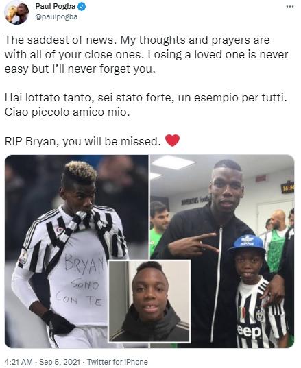 Unggahan Paul Pogba soal Bryan Doddien. (Twitter)