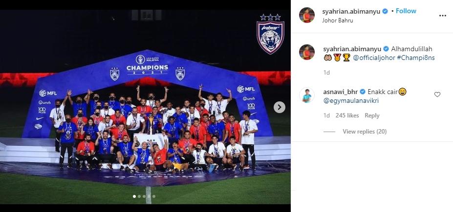 Syahrian Abimanyu bantu JDT juara Liga Super Malaysia. (Instagram/syahrian.abimanyu)