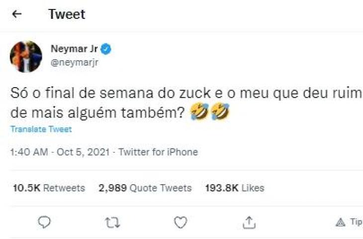 Cuitan Neymar usai WhatsApp, Instagram dan Facebook down. (Twitter/@neymarjr)