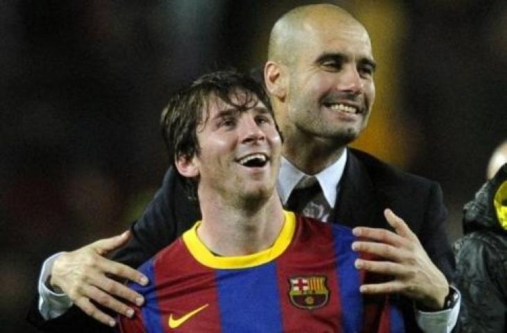 Pep Guardiola dan Lionel Messi saat masih di Barcelona. (AFP PHOTO/JAVIER SORIANO)