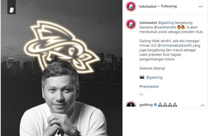 Gading Marten jadi presiden West Bandits Solo. (Instagram/halobasket)