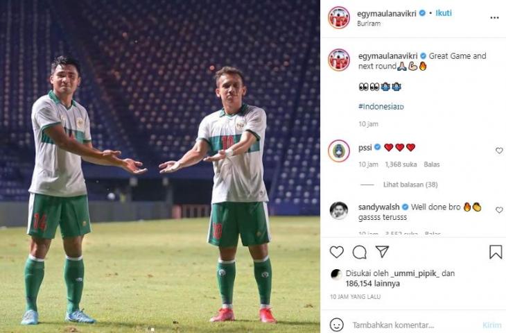 Egy Maulana Vikri dan Asnawi Mangkualam usai Timnas Indonesia tumbangkan Taiwan. (Instagram/@egymaulanvikri)