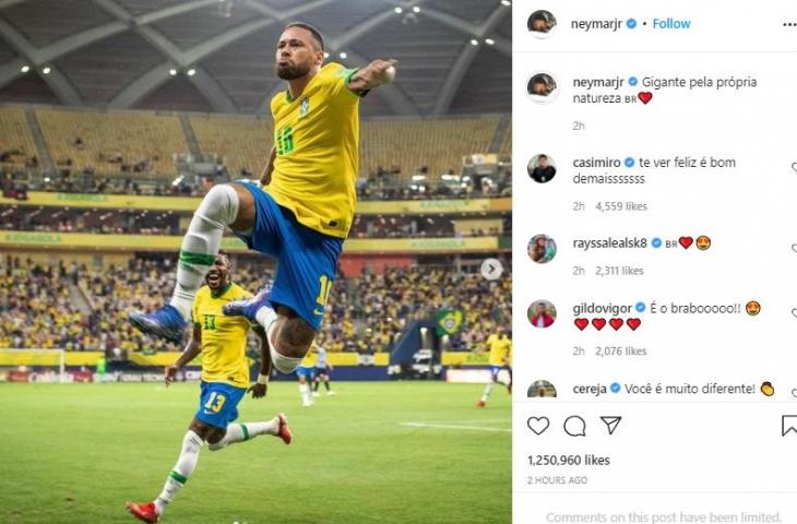 Neymar usai Brasil tumbangkan Paraguay di laga lanjutan Kualifikasi Piala Dunia 2022. (Instagram/@neymarjr)