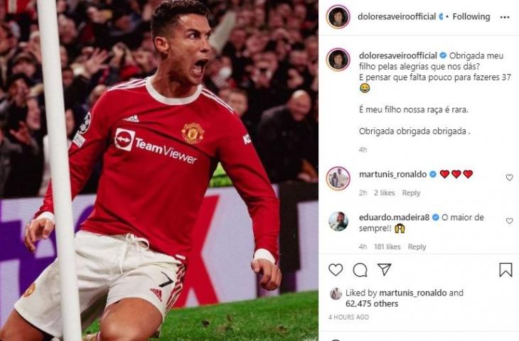 Komentar Maria Dolores usai Ronaldo bawa Man United menang atas Atalanta. (Instagram/@doloresofficiak)