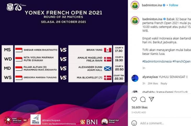 Jadwal French Open hari ini Selasa (26/10/2021). (Instagram/@badminton.ina)