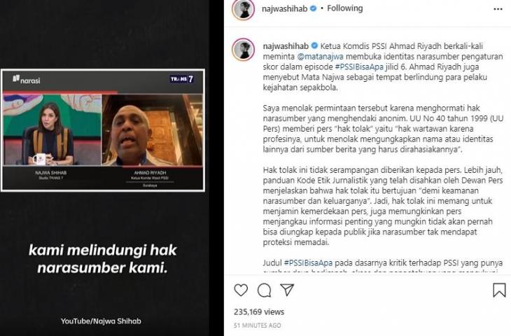 Najwa Shihab soal desakan bongkar identitas pengatur skor. (Instagram/@najwashihab)