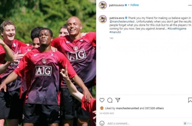 Postingan Patrice Evra usai Solskjaer dipecat. (Instagram/@patriceevra)