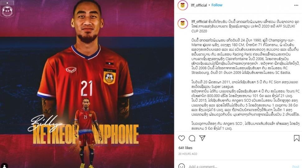 Timnas Laos diperkuat striker dari Liga Prancis bernama Billy Ketkeophomphone. (Instagram/ lff_official)