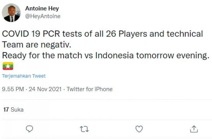 Pelatih Myanmar siap menghadapi Indonesia. (Twitter/@HeyAntoine)