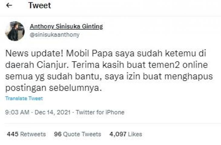 Mobil Anthony Ginting ditemukan. (Twitter/@sinisukanthony)