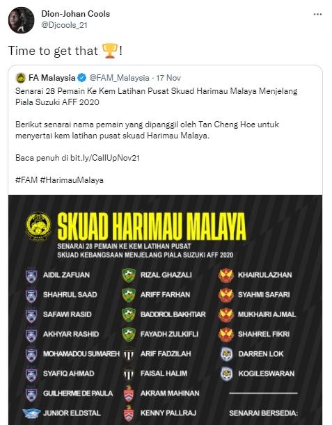 Janji DIon Cools yang akan mati-matian demi bantu Malaysia juara Piala AFF 2020. (Twitter/@Djcools_21)