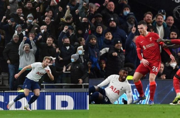 Beda nasib yang dialami oleh Harry Kane dan Andrew Robertson di laga Tottenham vs Liverpool. (Kolase JUSTIN TALLIS / AFP)