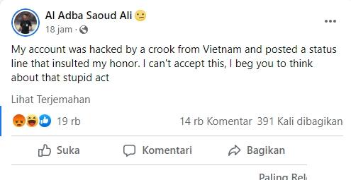 Wasit yang pimpin laga Vietnam vs Thailand mengaku akun Facebook-nya diretas. (Facebook/Al Adba Saoud Ali)