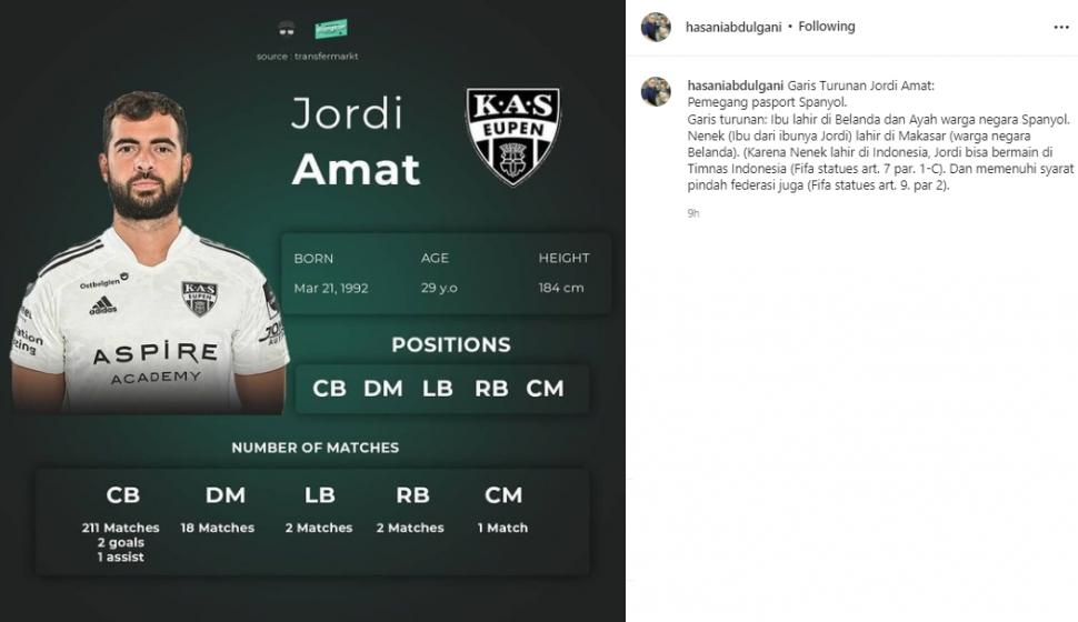 Informasi garis keturunan Indonesia milik Jordi Amat. (Instagram/hasaniabdulgani)