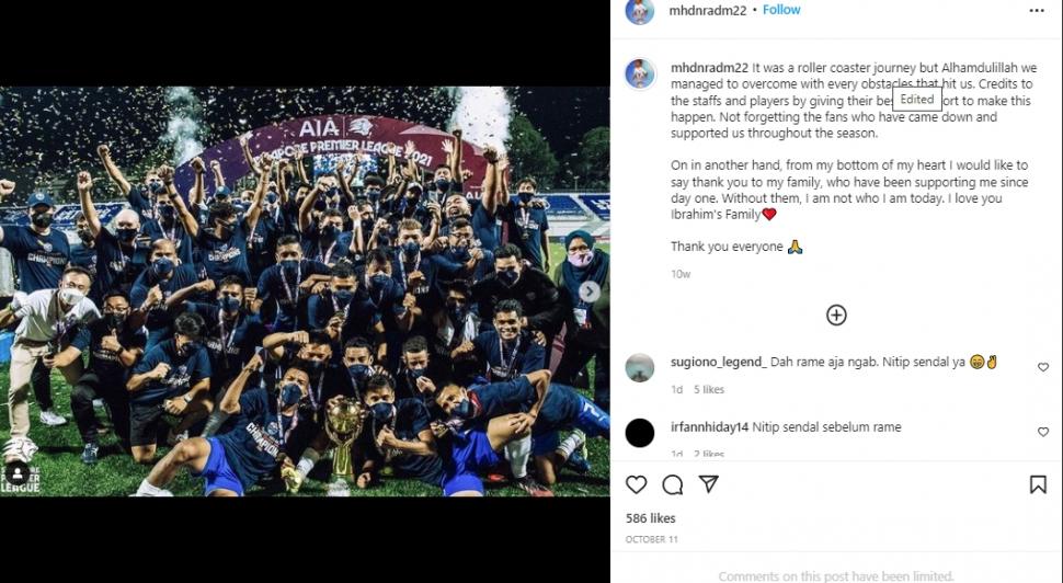 Akun Insgaram Bek Singapura, Nur Adam Abdullah yang diserang netizen Indonesia karena melakukan pelanggaran keras ke Witan Sulaeman. (Instagram/mhdnradm22)