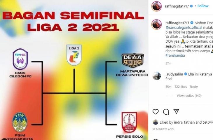 Postingan Raffi Ahmad Rans Cilegon FC melaju ke semifinal. (Instagram/@raffinagita1717)