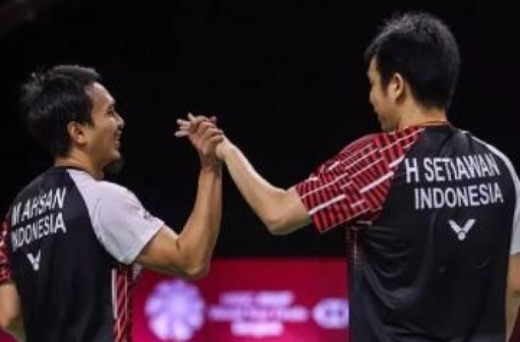 Ganda putra peringkat dua dunia Mohammad Ahsan (kiri) dan Hendra Setiawan. ANTARA/Erika Sawauchi/Badmintonphoto/pri.