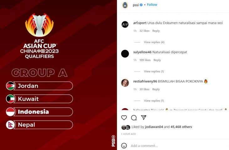 Netizen geruduk Instagram PSSI, minta percepat proses naturalisasi. (Instagram/@pssi)