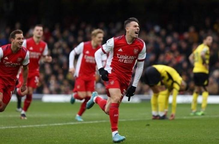 Aksi penyerang Arsenal, Gabriel Martinelli saat bobol gawang Watford dalam lanjutan Liga Inggris. (ADRIAN DENNIS / AFP)