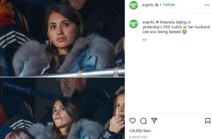 Ekspresi istri Lionel Messi, Antonella Roccuzzo saat suami dicemooh fans PSG. (Instagram/@espnfc)