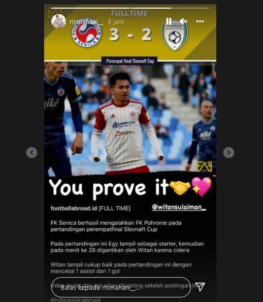 Cetak gol, Witan Sulaeman bikin bangga sang kekasih, Rismahani. (Instagram)