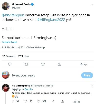 Pebulu Tangkis Denmark, HK Vittinghus tetap belajar bahasa Indonesia saat All England 2022. (Twitter)