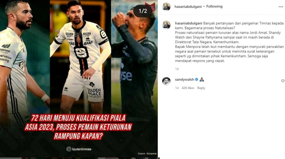 Sandy Walsh ikut merespons kabar proses naturalisasi yang masih terkendala. (Instagram/hasaniabdulgani)