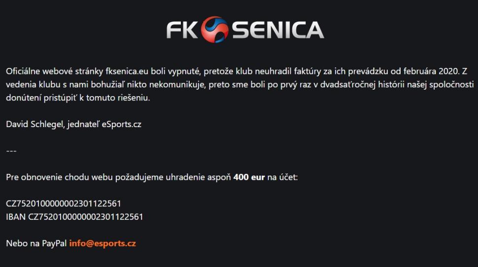 Situs web FK Senica tak bisa beroperasi karena tunggak tagihan. (fksenica.eu)