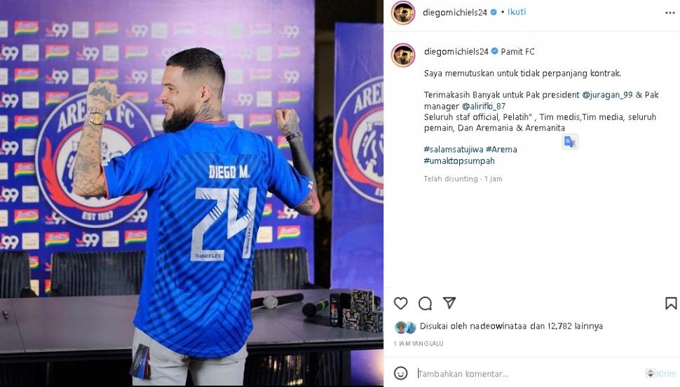 Diego Michiels pamit tinggalkan Arema FC. (Instagram/@diegomichiels24)