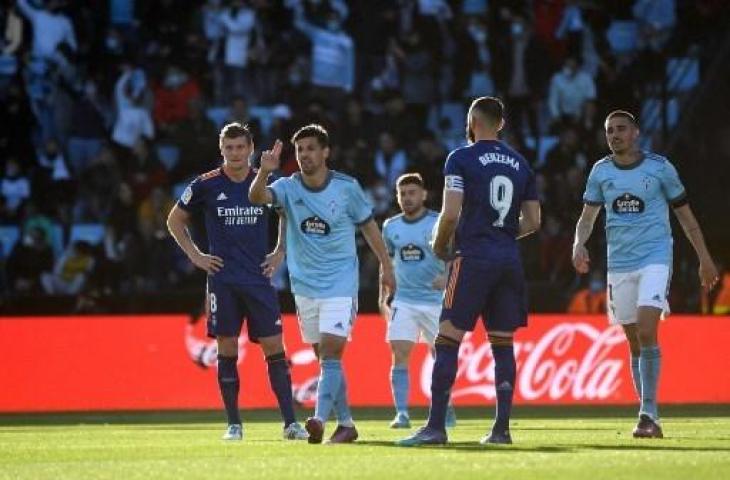 Karim Benzema merayakan gol saat Real Madrid mengalahkan Celta Vigo 2-1. (AFP)