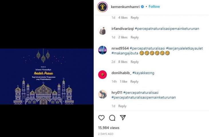 Akun Instagram Kemenkumham digeruduk netizen setelah proses naturalisasi Sandy Walsh dan kawan-kawan tak kunjung selesai. (Instagram)