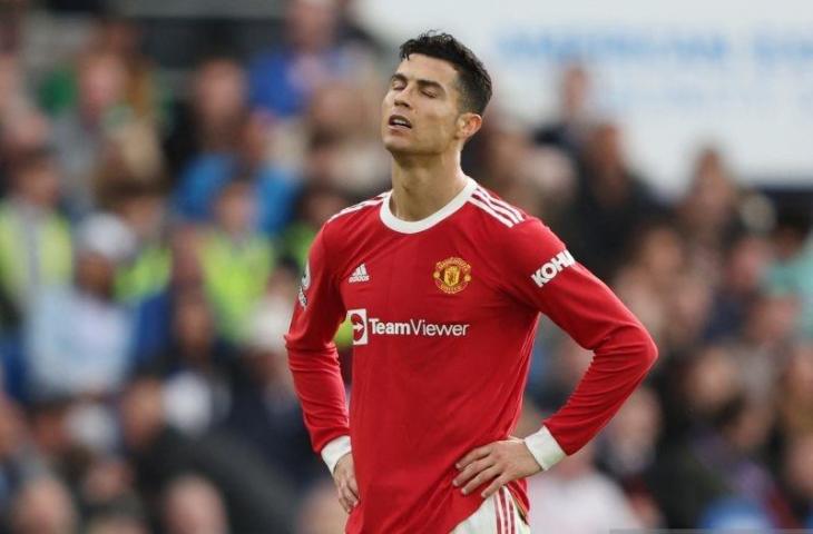 Ekspresi Cristiano Ronaldo setelah timnya kalah 0-4 oleh Brighton & Hove Albion dalam pertandingan Liga Inggris pada 08 Mei 2022. ANTARA/REUTERS/IAN WALTON