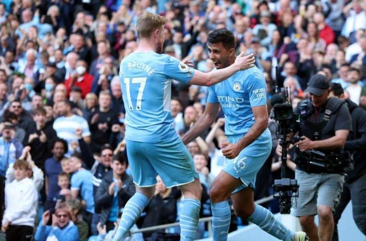 Selebrasi Rodri (kanan) setelah mencetak gol untuk Manchester City dalam pertandingan Liga Inggris pekan ke-36 lawan Newcastle United pada 8 Mei 2022. ANTARA/REUTERS/PHIL NOBLE