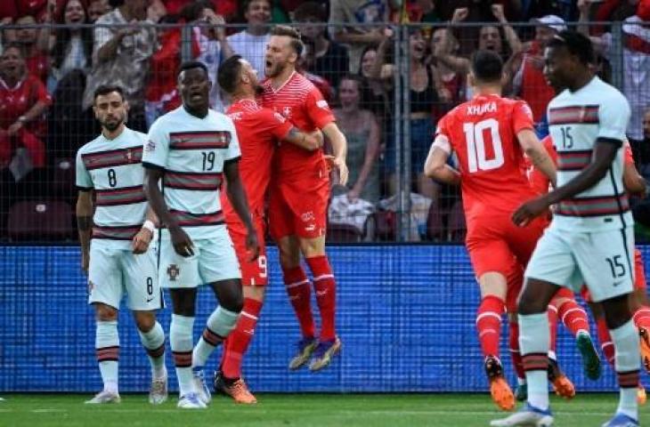 Selerasi Haris Seferovic usai cetak gol saat Swiss kalahkan Portugal 1-0 di UEFA Nations League. (AFP)