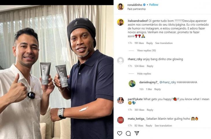 Unggahan Ronaldinho usai mengikuti trofeo di Malang. Bukan foto laga, tetapi promosikan produk skincare. (Instagram/@ronaldinho)