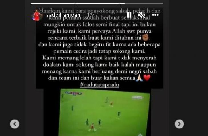 Unggahan Saddil Ramdani usai Sabah gagal ke semifinal Piala FA Malaysia. (Instagram/@saddilramdani)