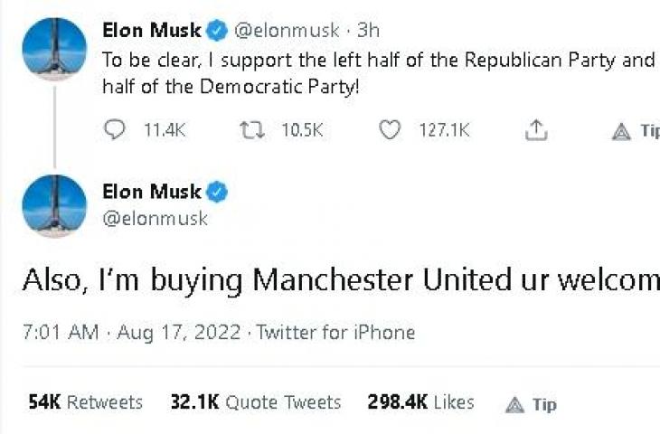 Elon Musk beli Manchester United. (Twitter/@elonmusk)