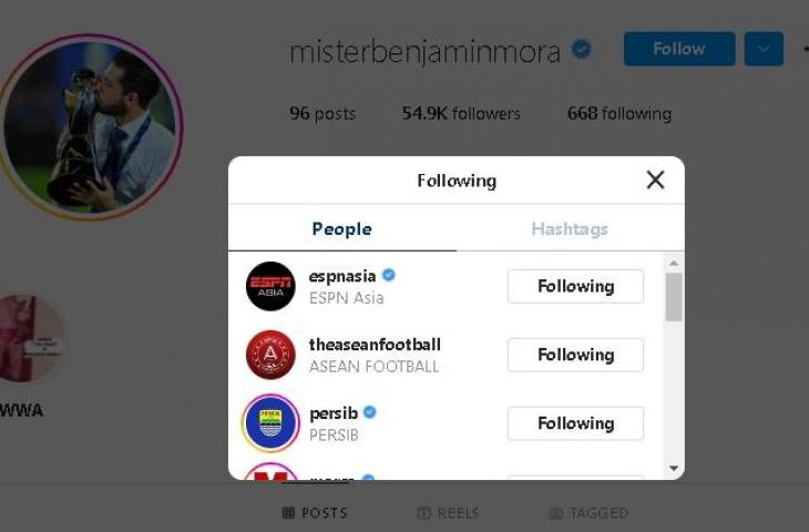 Benjamin Mora follow IG Persib Bandung. (Instagram)