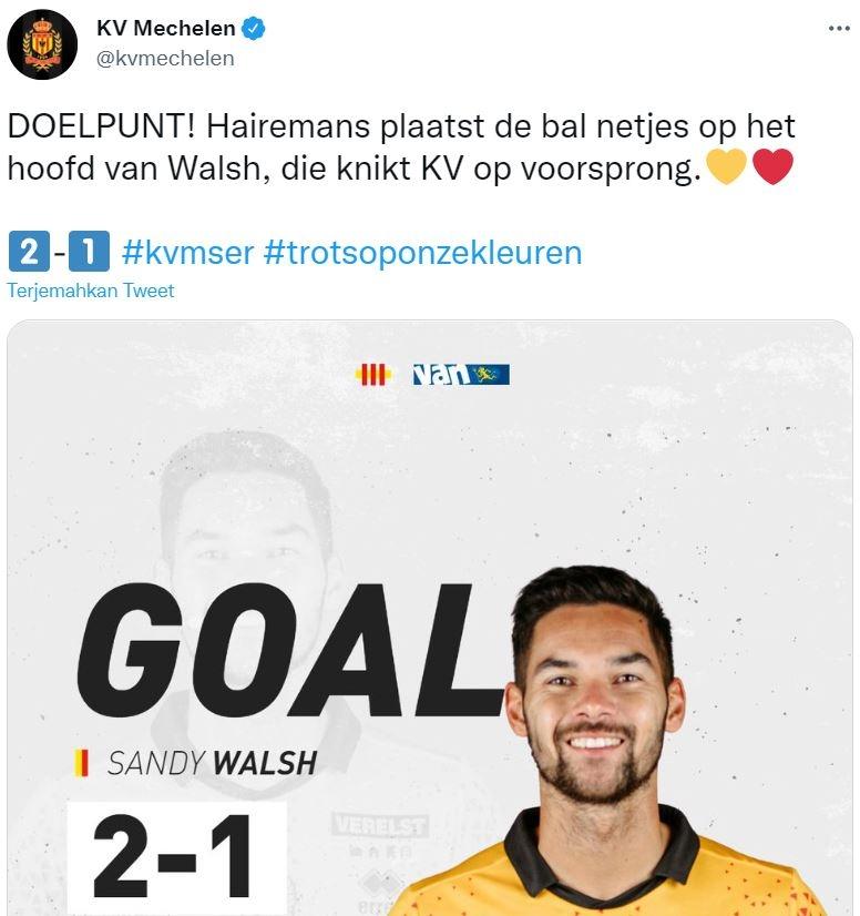 Shandy Walsh mencetak gol di Liga Belgia. (Twitter/@kvmechelen)