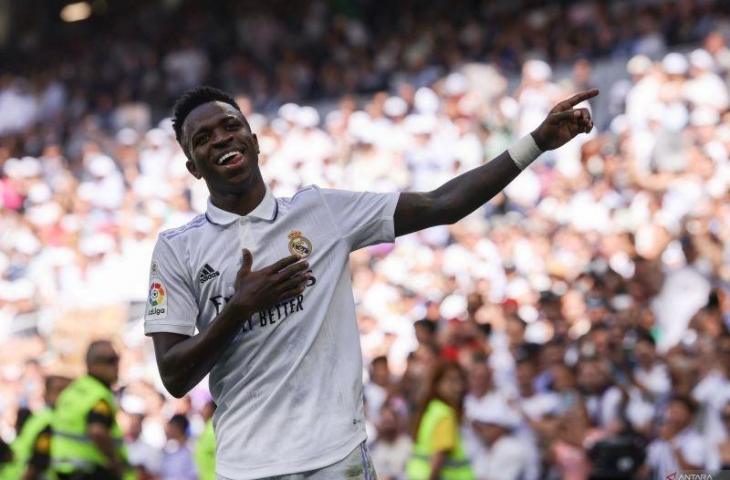 Selebrasi Vinicius Junior usai mencetak gol untuk Real Madrid dalam pertandingan Liga Spanyol lawan RCD Mallorca pada 11 September 2022. ANTARA/AFP/THOMAS COEX