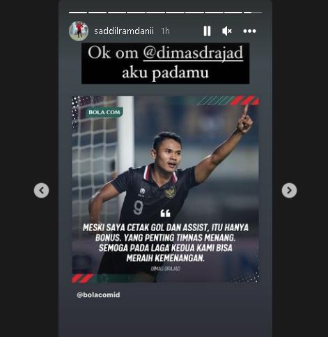 Saddil Ramdani menanggapi pernyataan Dimas Draja usai Timnas Indonesia kalahkan Curacao. (Instagram/@saddilramdani)