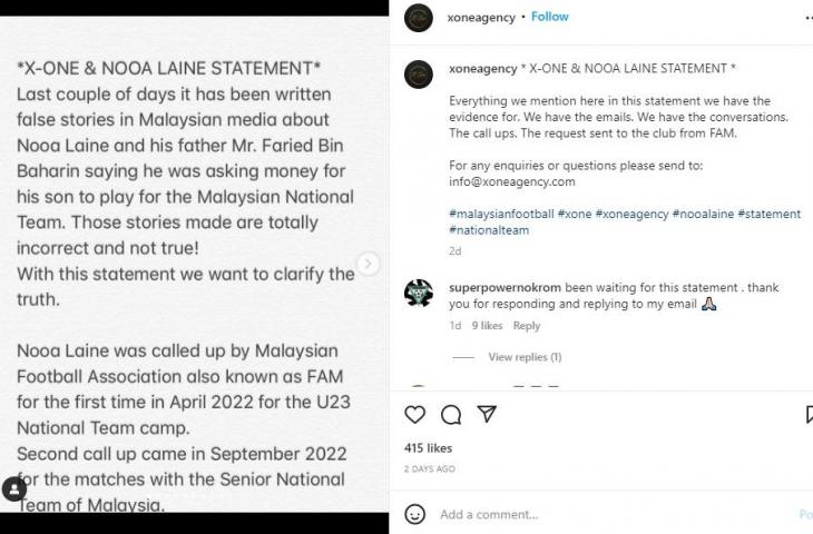 Klarifikasi pihak Nooa Laine soal dituduh minta bayaran agar bela timnas Malaysia. (Instagram/xoneagency)