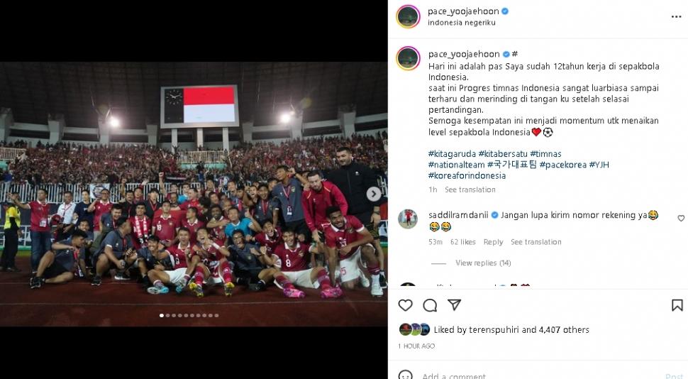 Asisten Shin Tae-yong senang melihat progres Timnas Indonesia. (Instagram/@pace_yoojaehoon)