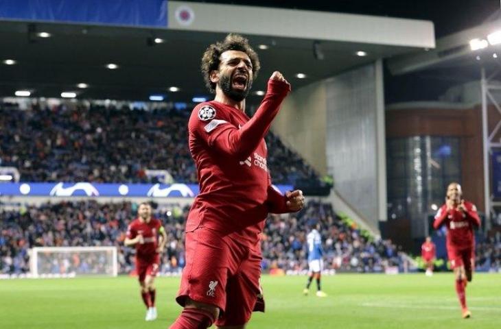 Selebrasi Mohamed Salah usai cetak gol saat Liverpool kalahkan Rangers 7-1 di Liga Champins 2022/2023. (Twitter)