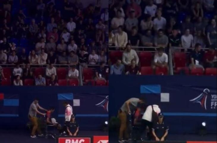 Jonatan Christie jatuh saat dibawa dari kursi roda. (Twitter/@bhulukhuduktv)