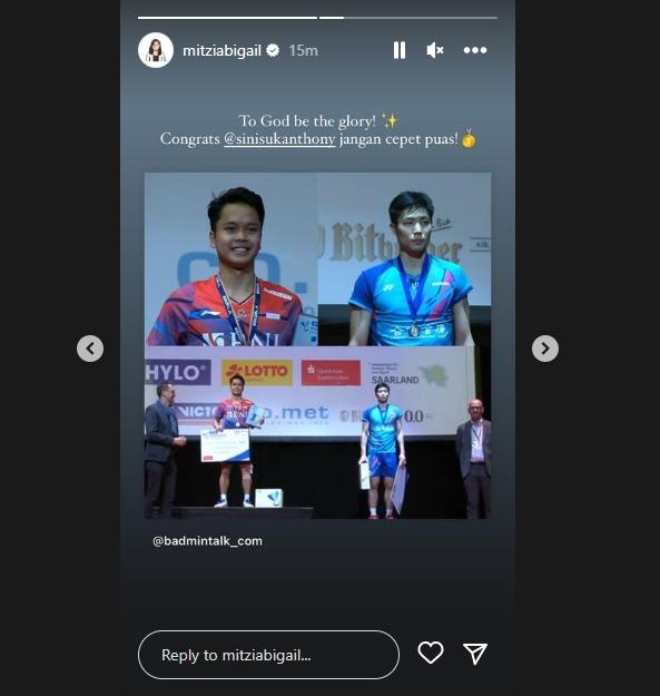 Pesan kekasih Anthony Ginting, Mitzi Abigail. (Instagram/mitziabigail)