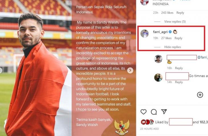 Farri Agri ikut komentari postingan Sandy Walsh yang ngebet pindah federasi (Instagram/sandywalsh)