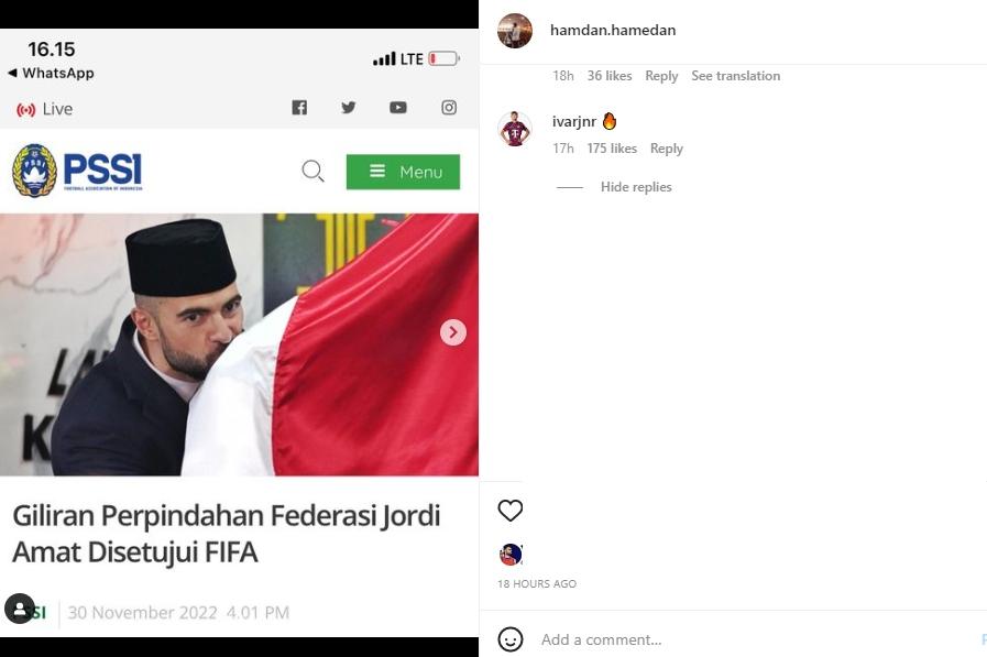 Ivar Jenner komentari resminya Jordi Amat pindah federasi. (Instagram/hamdan.hamedan)