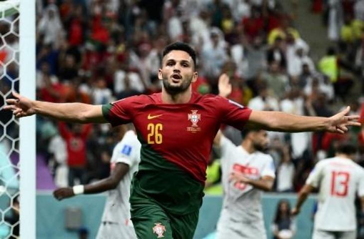 Selebrasi Goncalo Ramos usai cetak gol saat Portugal hajar Swiss 6-1 di Piala Dunia 2022. (AFP)